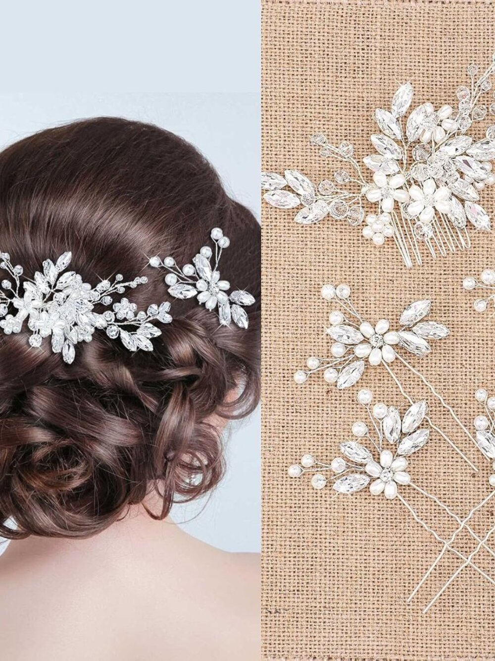 5 Pieces Silver Bridal Hair Comb Crystal Pearl Accents Flower Pins